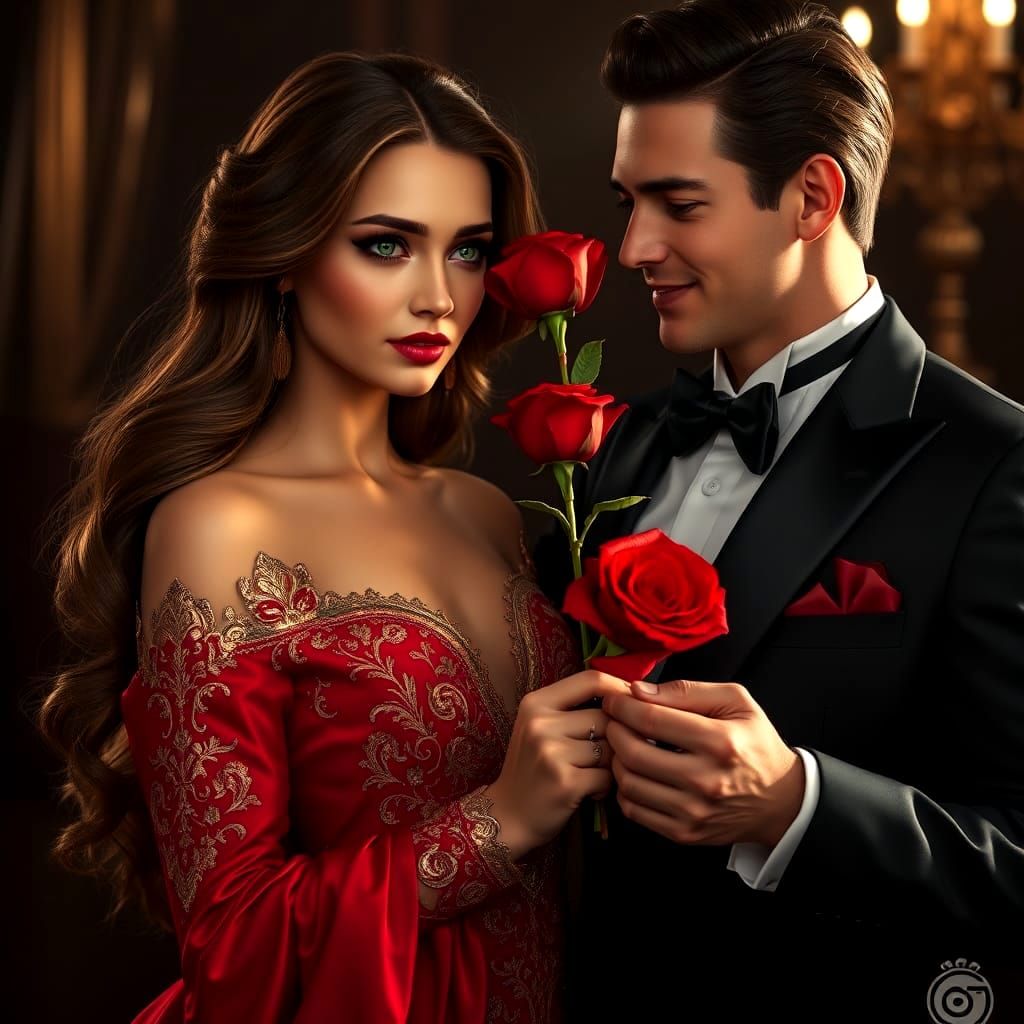 Woman Receives Rose: Hyperdetailed Art Nouveau Portrait