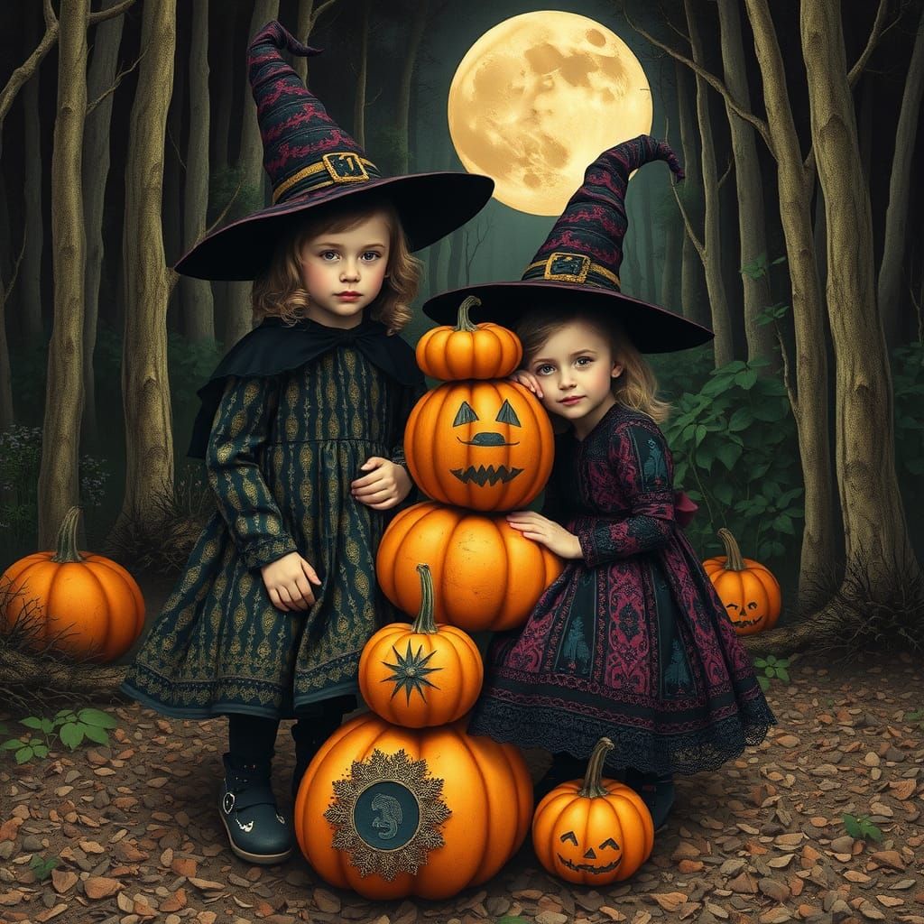 Batik Witch Costumes in Forest with Alebrije Pumpkins