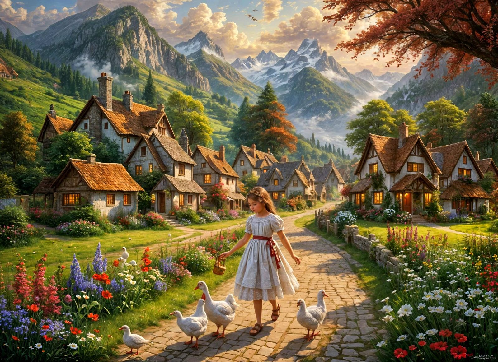 Girl Feeds Poultry in Picturesque Village