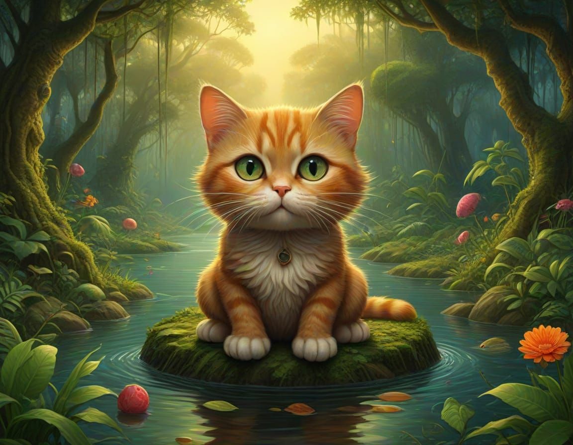 Whimsical Cat Fishing in a Lush Jungle, Storybook Style