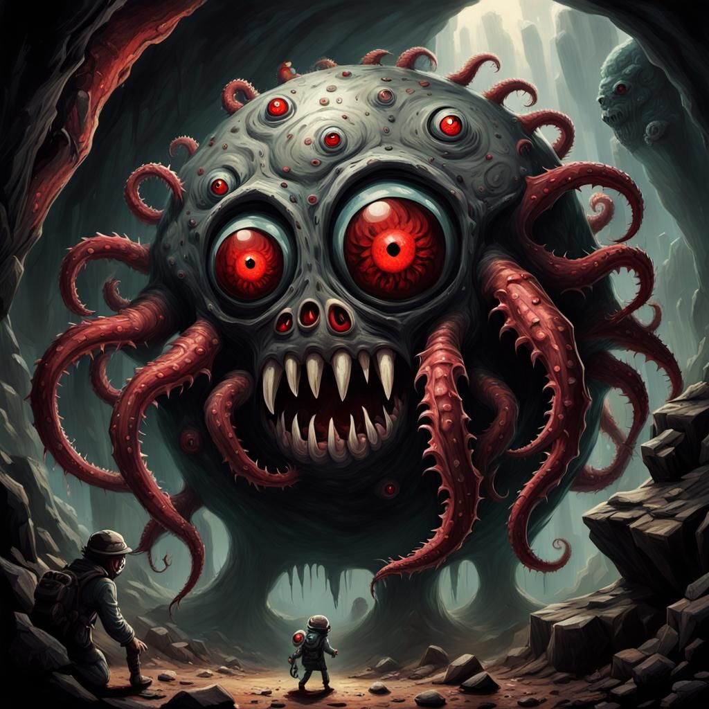 Surreal Biomechanical Horror Creature Chasing Miner