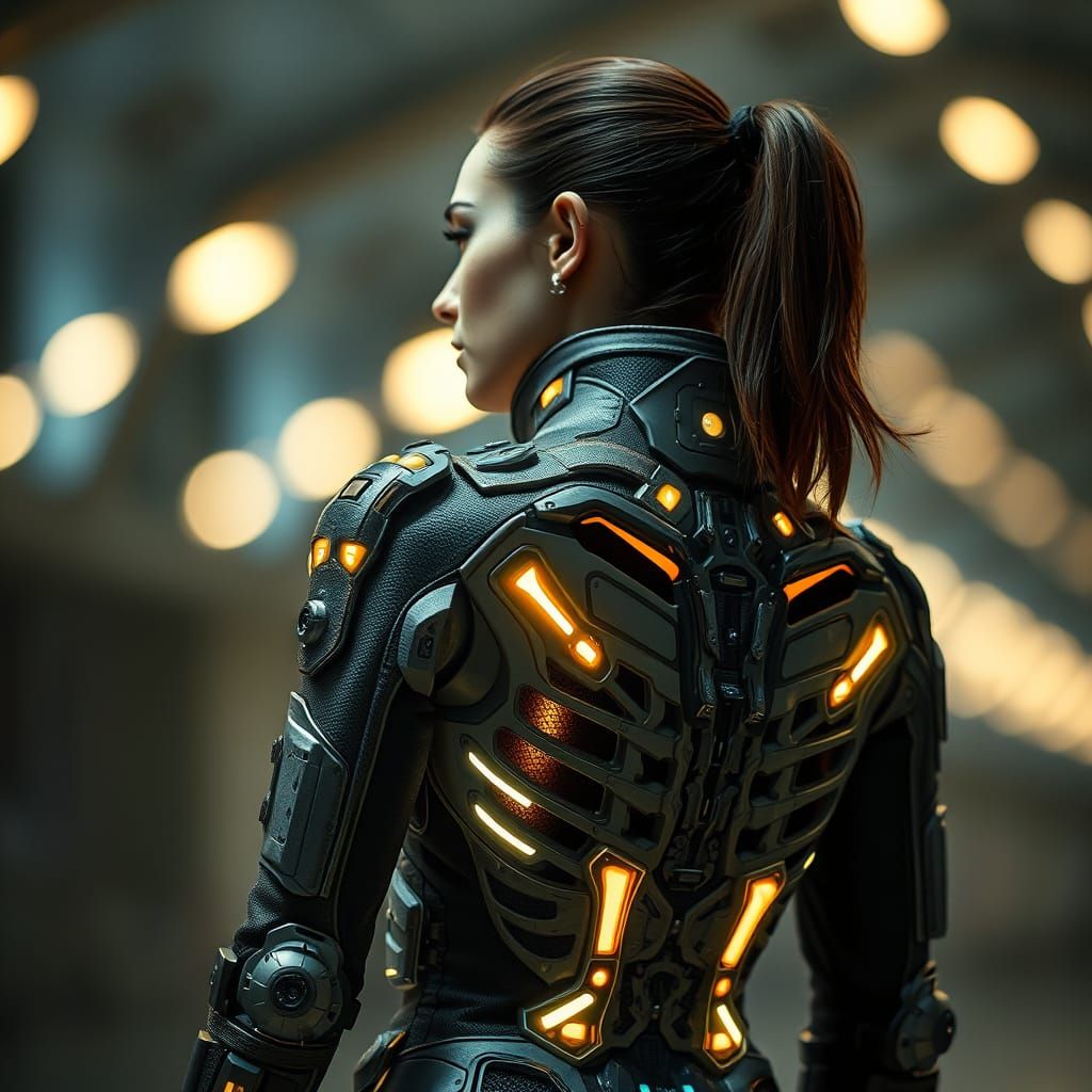 Cyberpunk Fashion Portrait with Futuristic Exoskeleton Jacke...