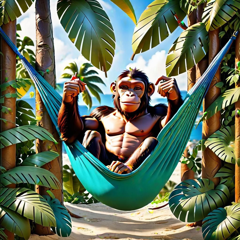 Ape Relaxing in Hammock on Tropical Island