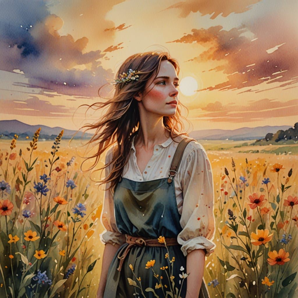 Whimsical Watercolor Portrait of a Woman in a Field of Wildf...