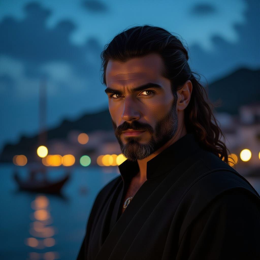 Greek Priest Assassin Portrait at Tropical Seaport