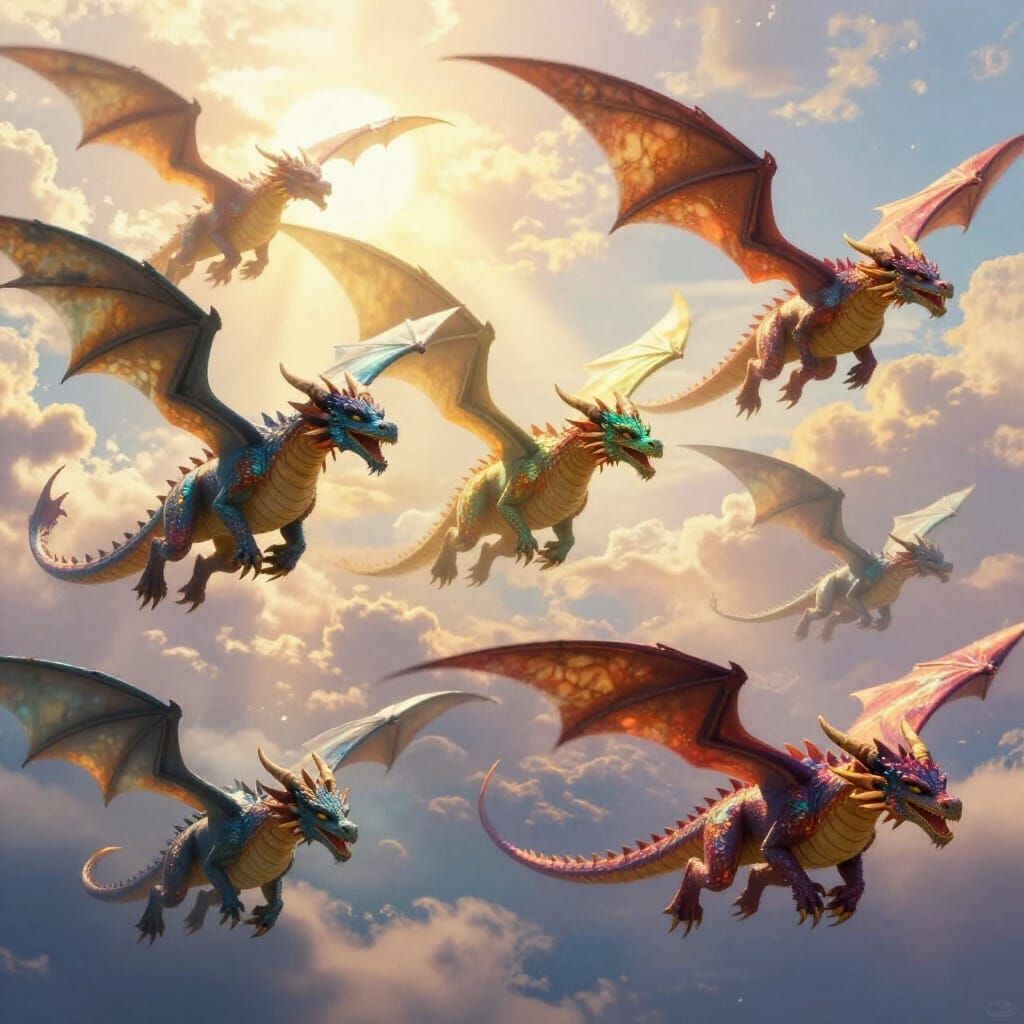 Majestic Multi-Colored Dragons Soaring in Vibrant Sky
