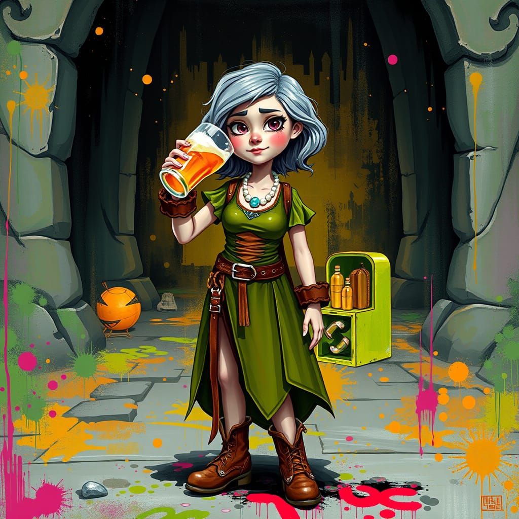 Princess Bean Drinking Beer in Graffiti Art Style