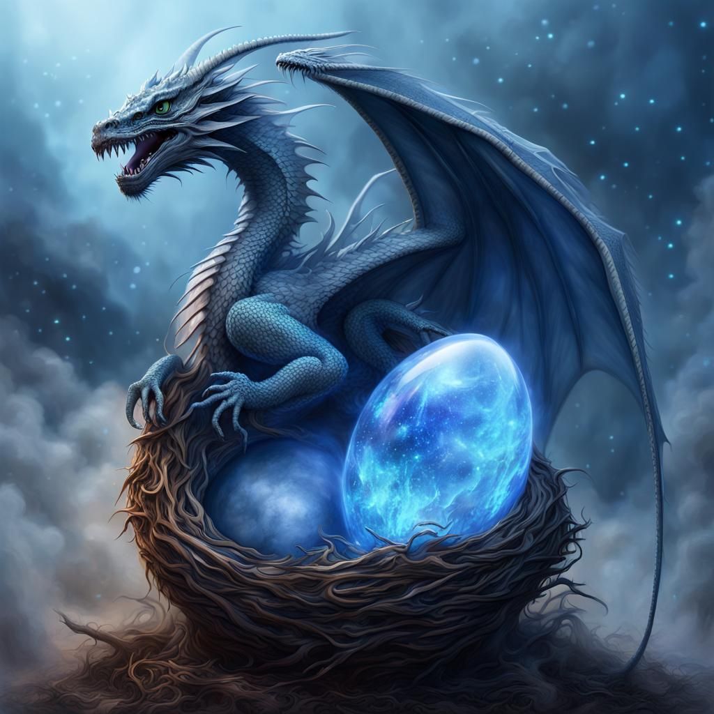 Wispy Dragon Protecting Egg in Hyperrealistic Detail