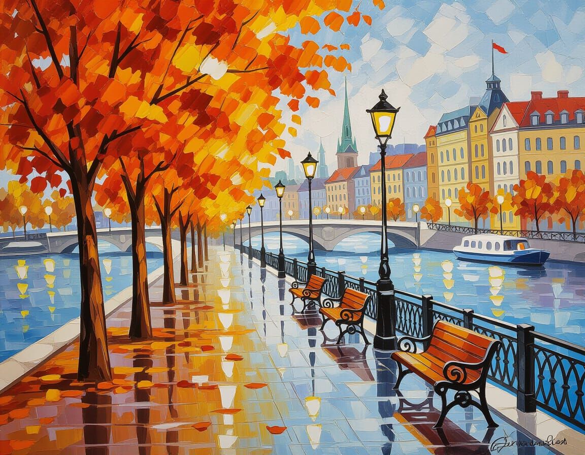 Autumn Riverside Promenade Painting in Impressionist Style