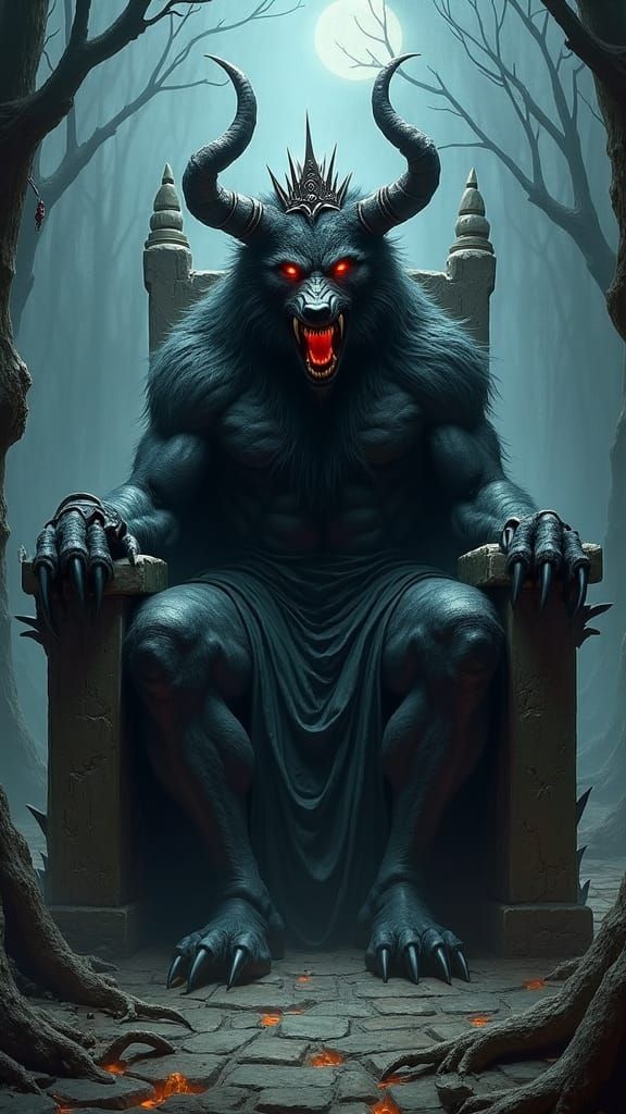 Wolf-Demon Hybrid on Bone Throne in Dark Twilight