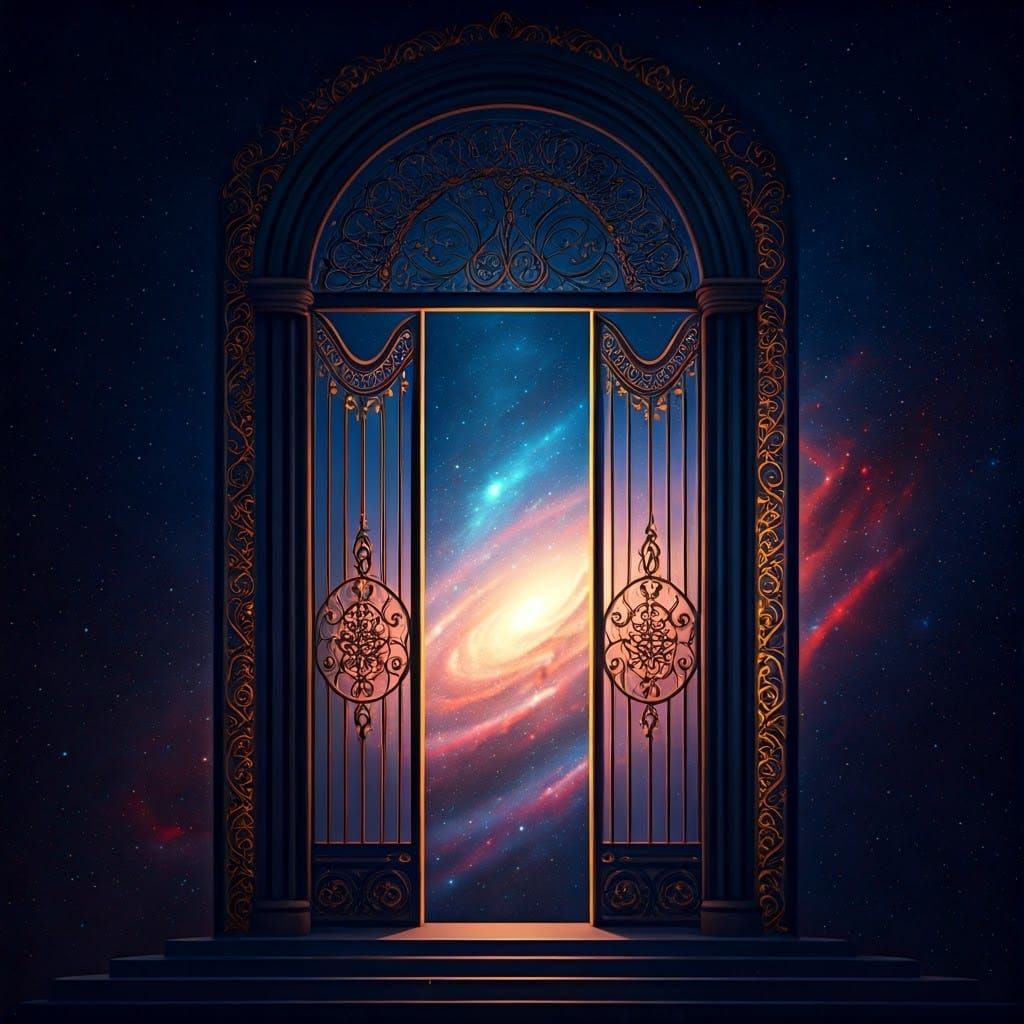 Ornate Gold Gate to Star-Filled Cosmos, Digital Matte Painti...