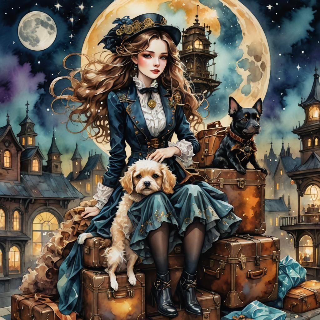 Steampunk Lady with Dog Under Moonlight, Digital Art