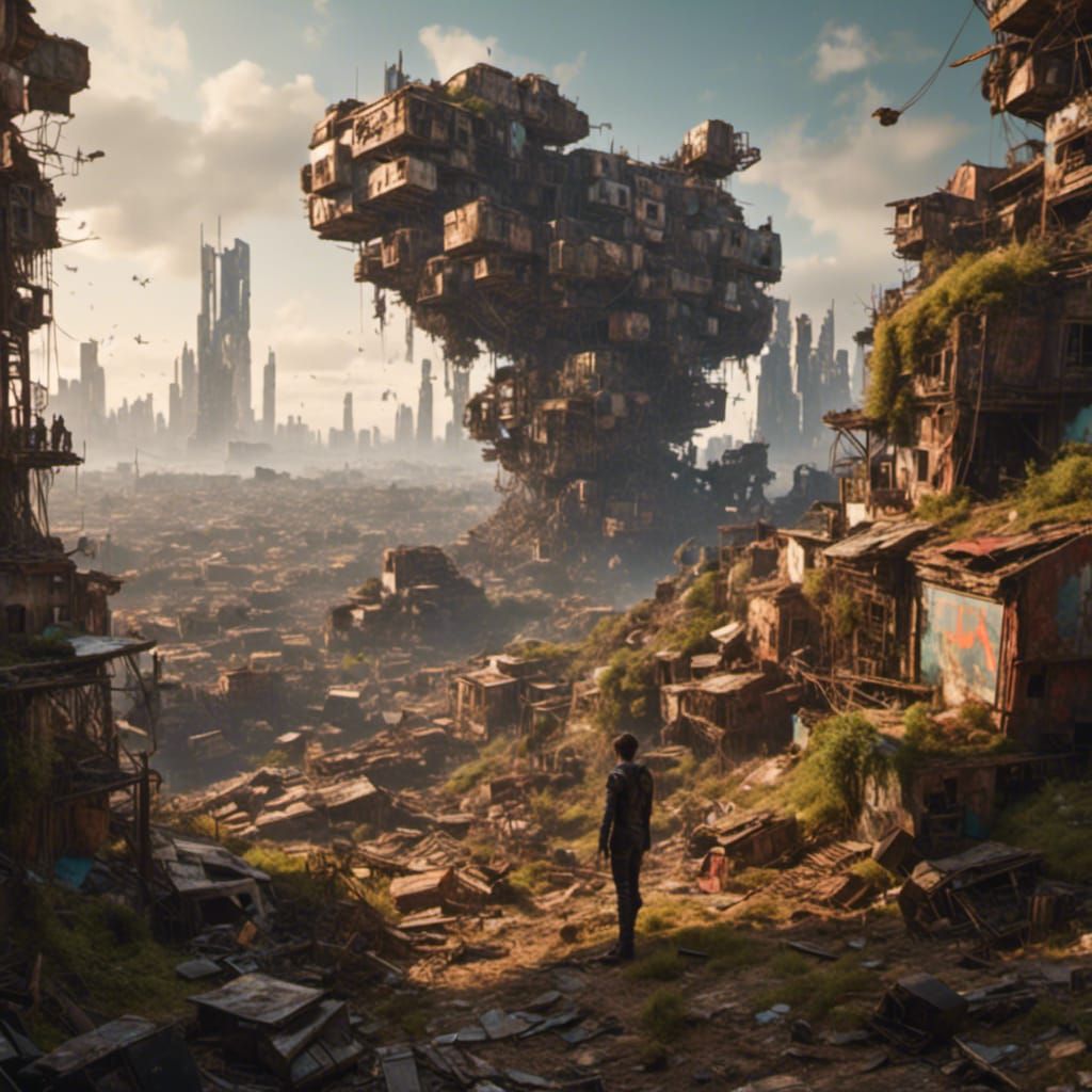 Cyberpunk Figure Plays Atop Hill in Abandoned Slums