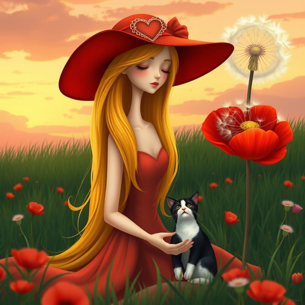 Stylized Female Figure in a Whimsical Meadow Scene