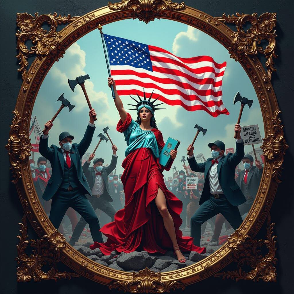 Lady Liberty's Fierce Battle in Surreal Baroque Style