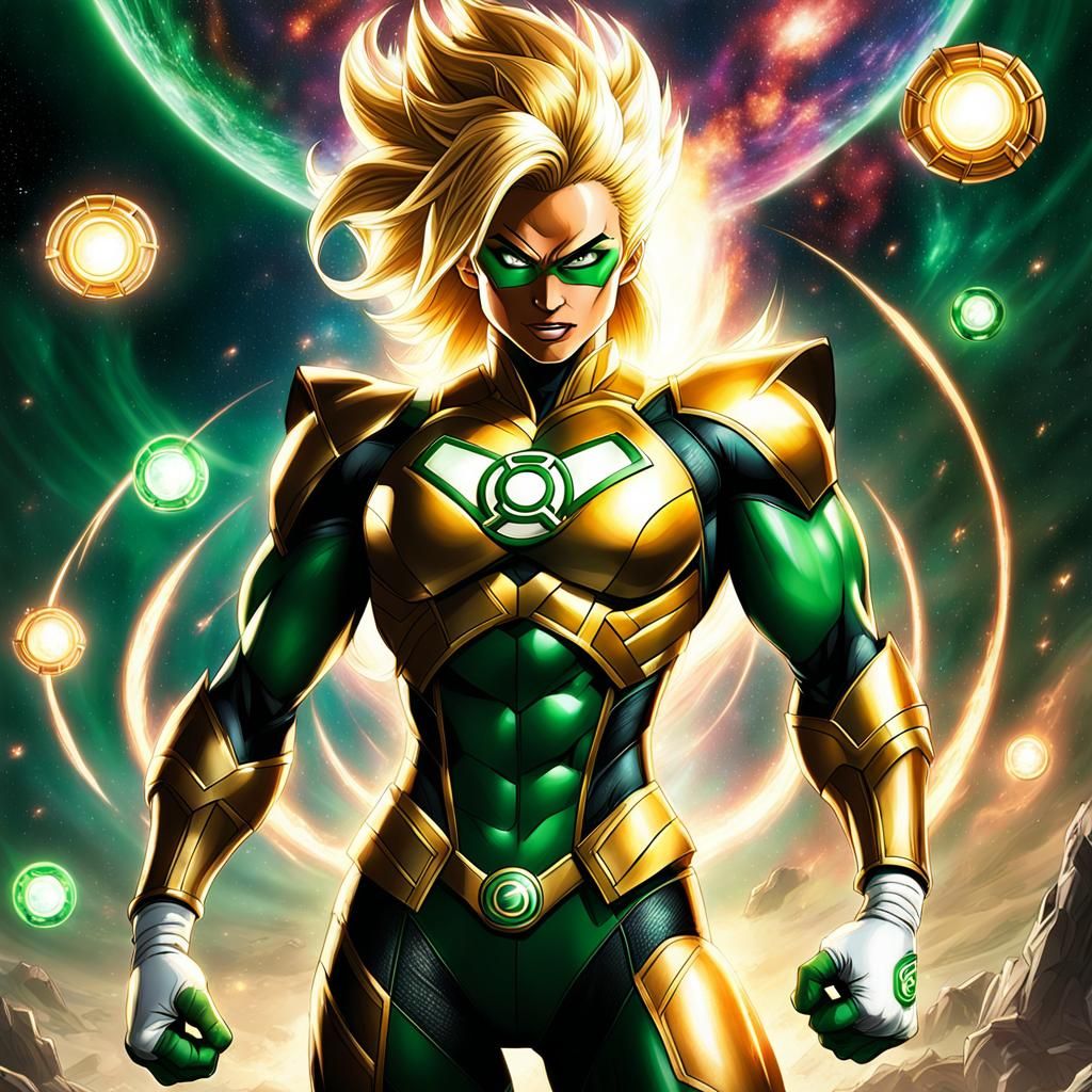 Super Saiyan Green Lantern Soaring Through Nebula in Anime A...