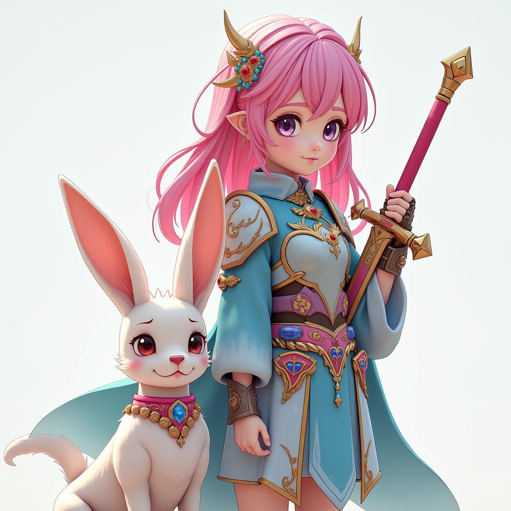 Anime Girl Warrior with Puppy in Fantasy Setting