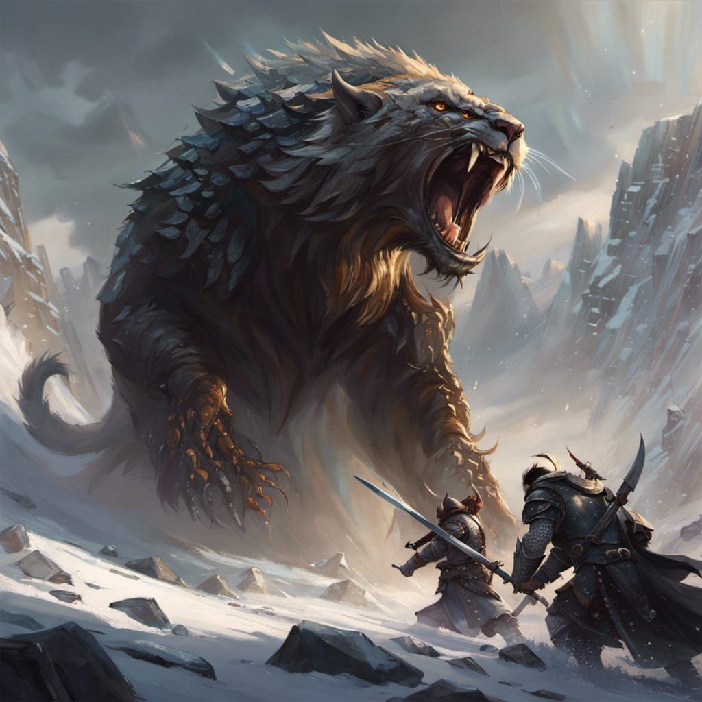 Epic Warrior vs Beast Battle in Digital Painting Style