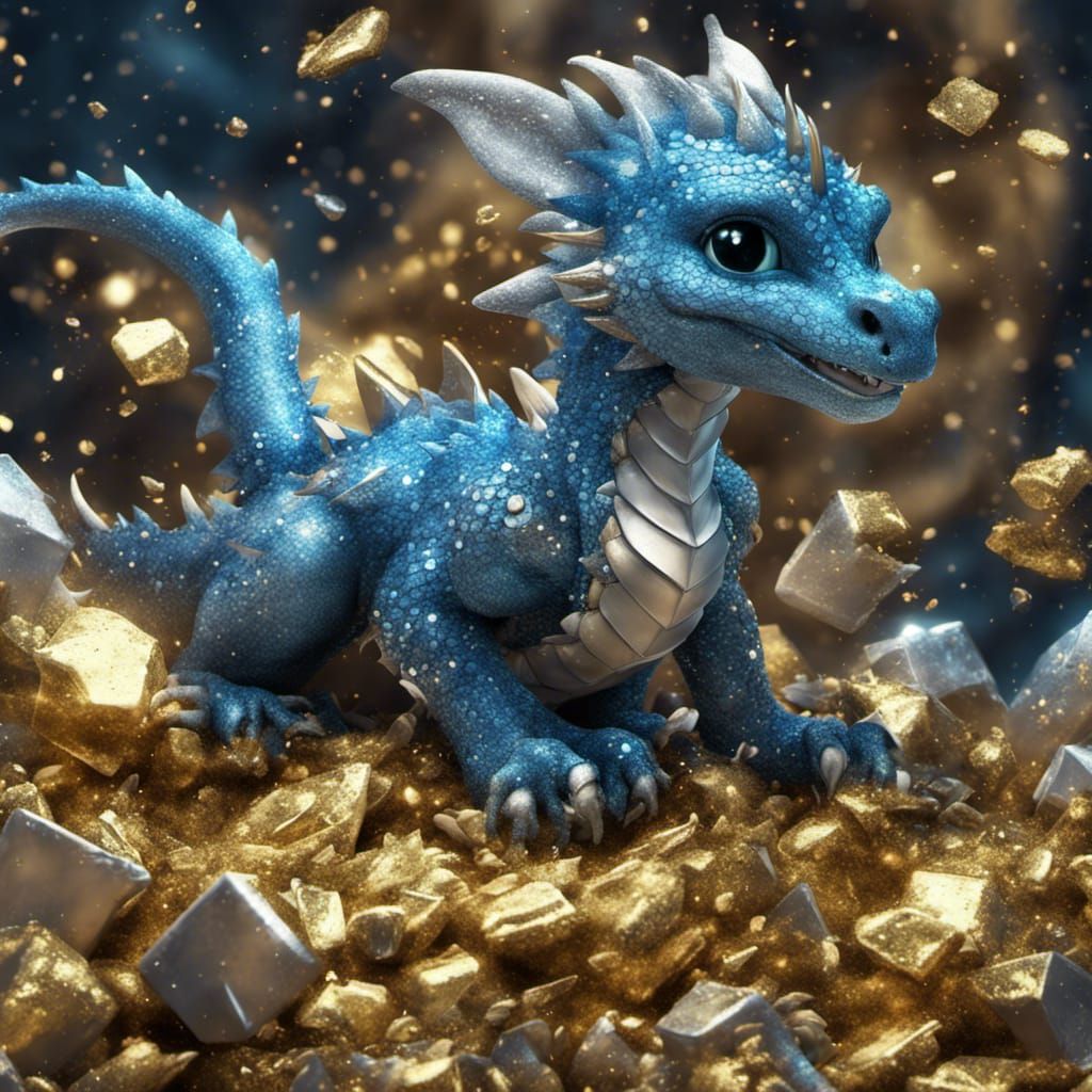 Cute Baby Dragon Plays in Glittering Treasure