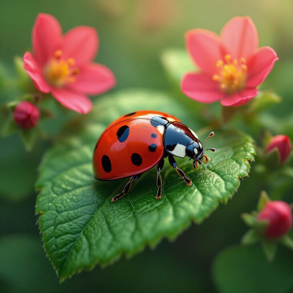 Photorealistic Ladybug on Leaf with Red Flowers