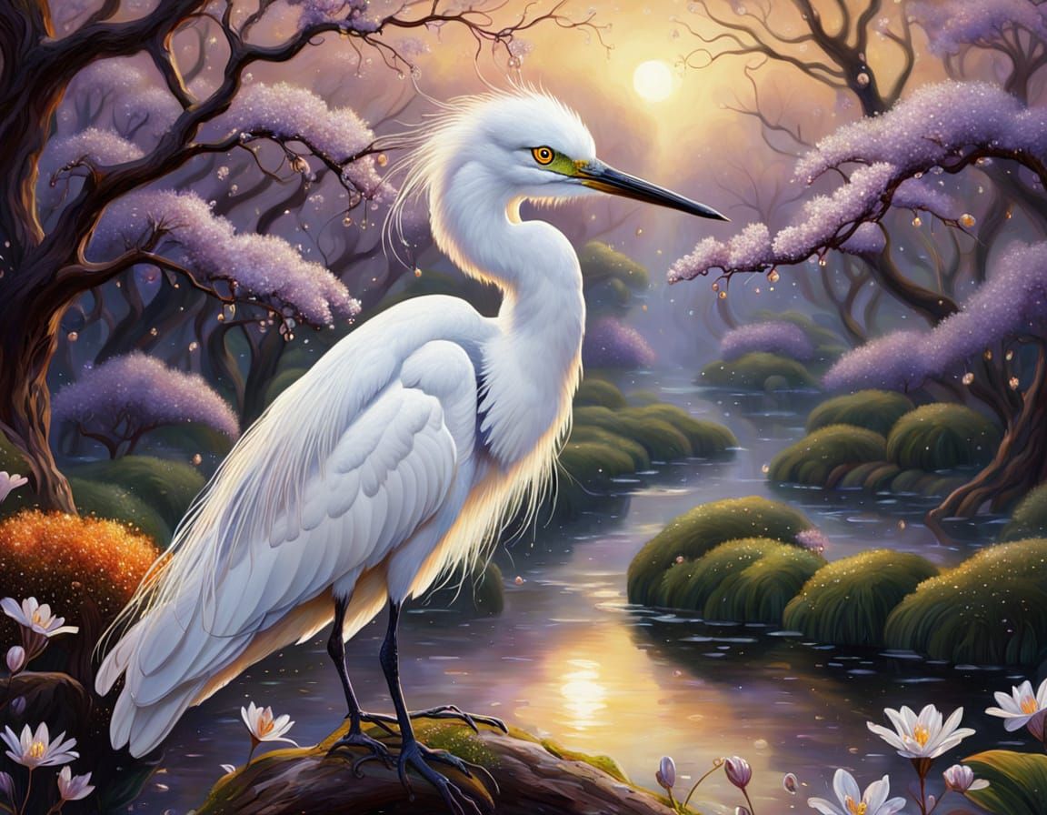 Egret in Fairy Spring Landscape: Whimsical Oil Painting