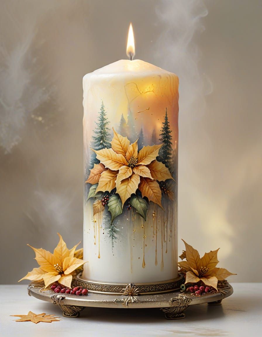 Golden Poinsettia Grows from Burning Candle, Watercolour and...