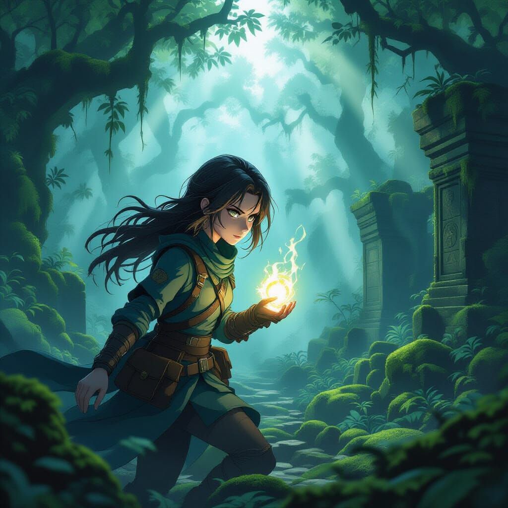 Determined Adventurer in Misty Forest with Glowing Artifact
