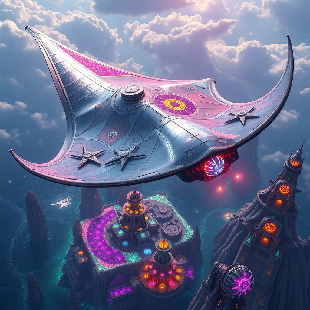 Steampunk Manta Ray Airship Soaring Above Solarpunk Archipel...