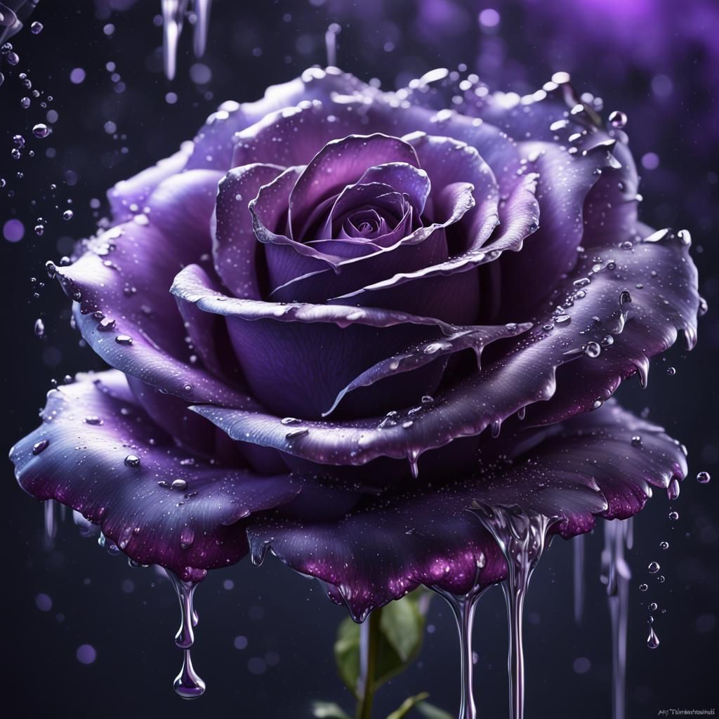 Violet Rose with Dripping Silver, Detailed Digital Art