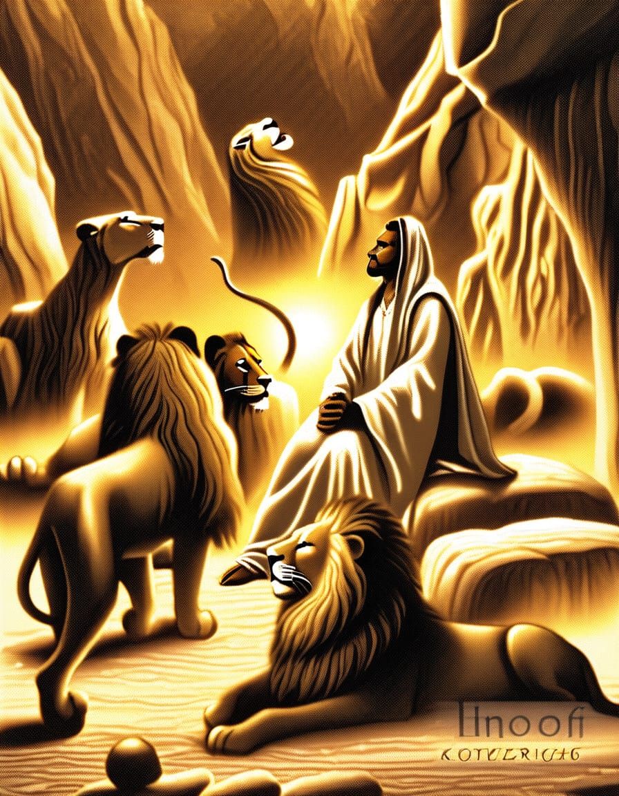 Man Asleep with Lions in Cave: Fantasy Art