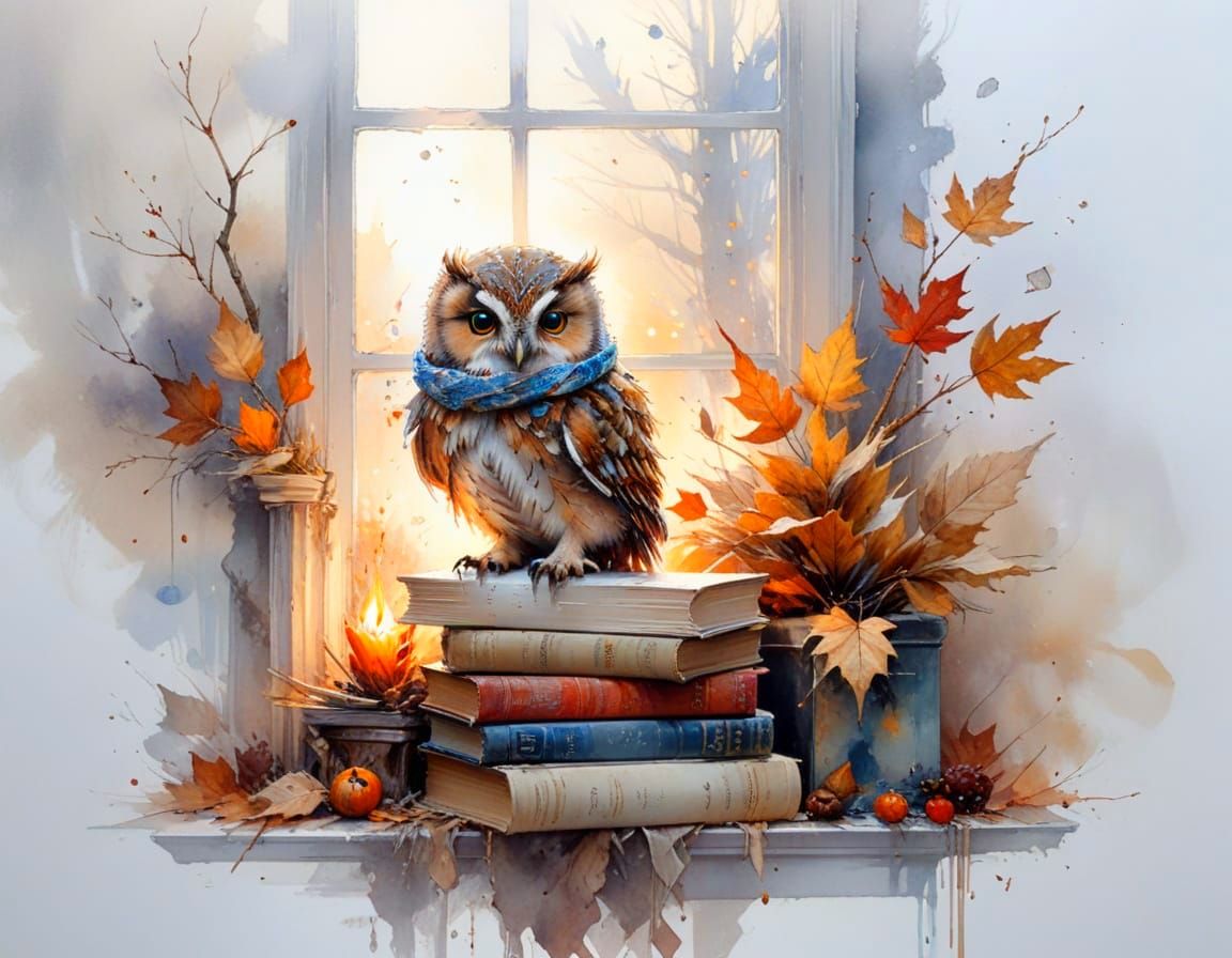 Tiny Owl on Books Near Fireplace in Autumn Style