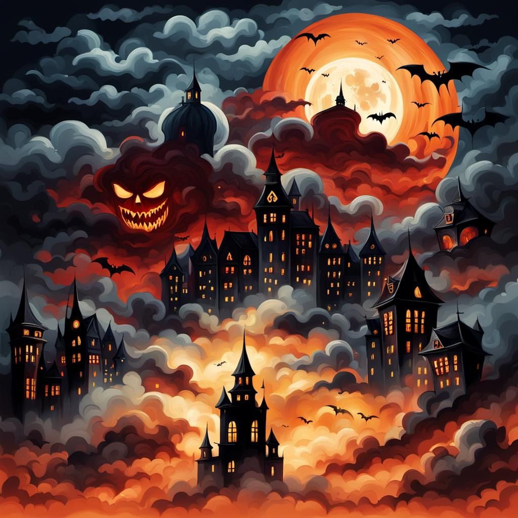 Spooky Vampire Faces in Halloween City Skyline