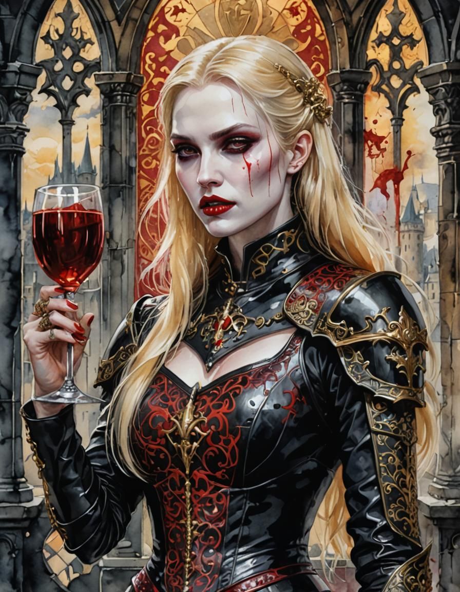 Elegant Vampire in Crimson Armor Watercolor