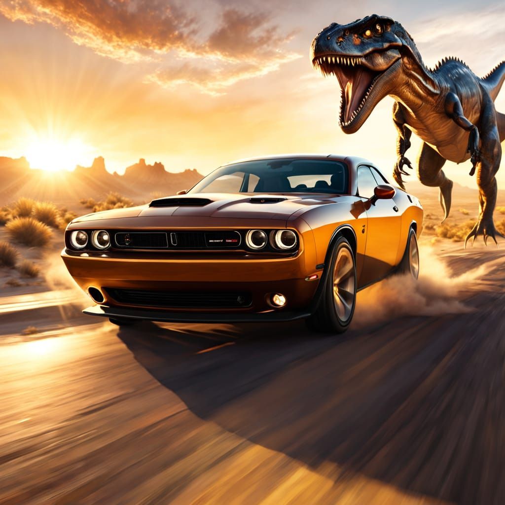 Dodge Challenger Dinosaur Chase: Hyper-Realistic Digital Art