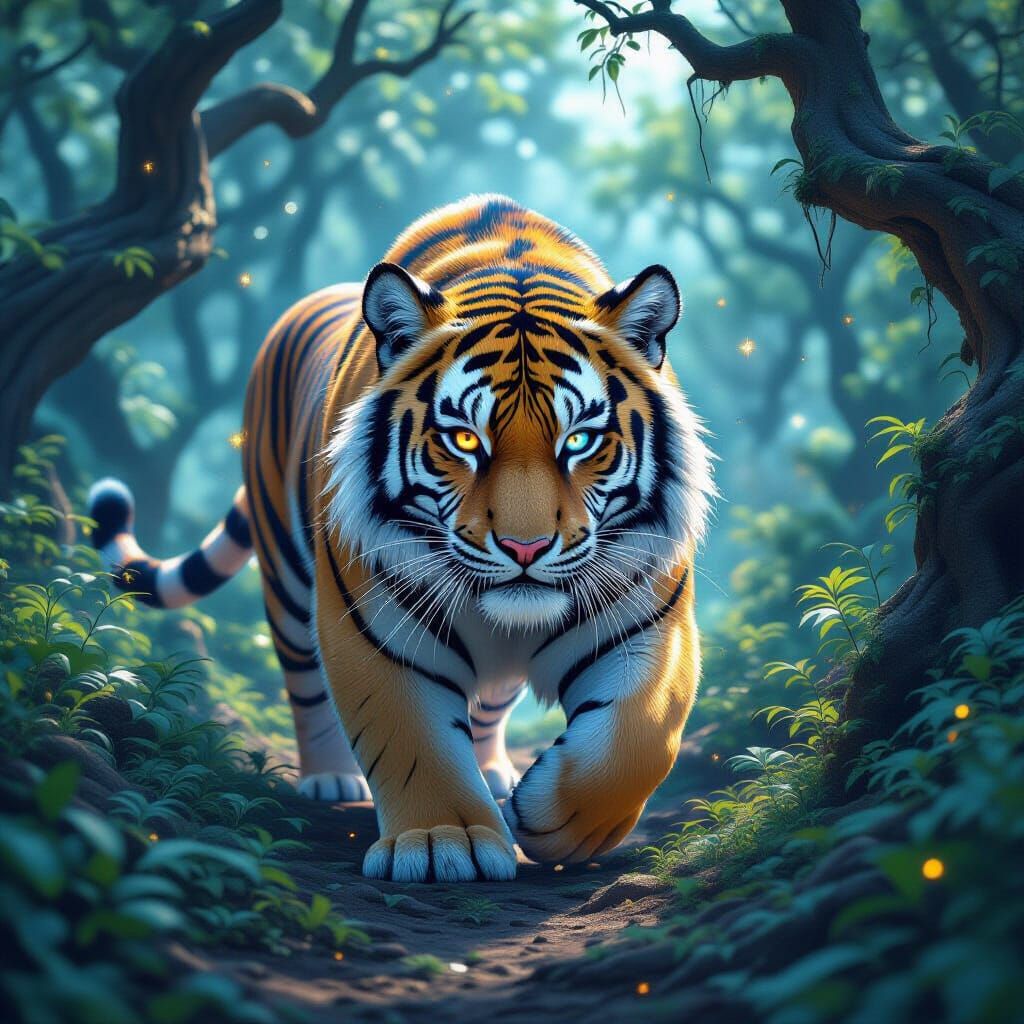 Siberian Tiger with Nebula Fur in Ancient Forest