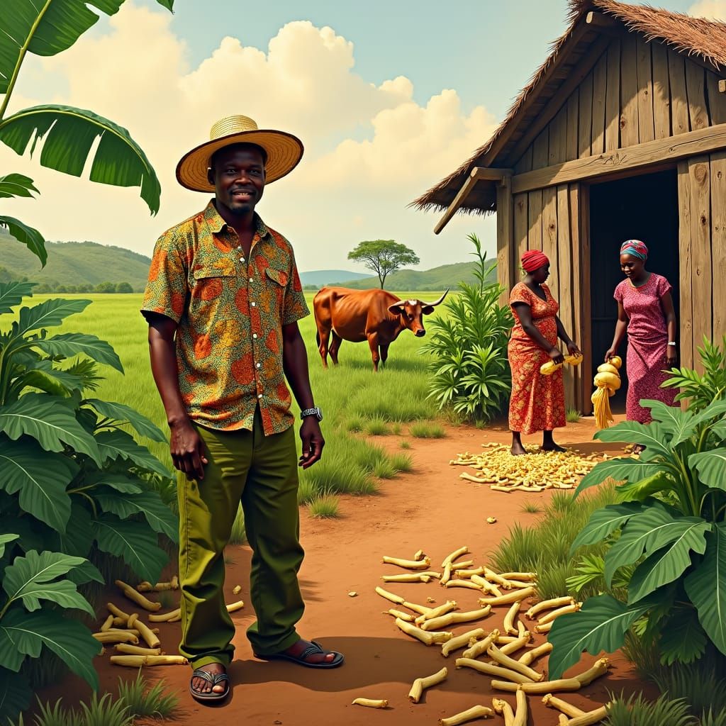 Cassava Plantation Scene in Gouache Style