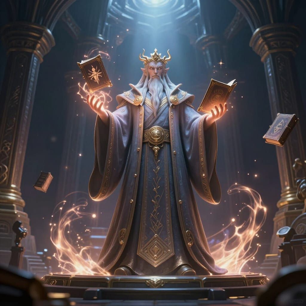 Ancient Wizard in Mystical Tower with Glowing Runes