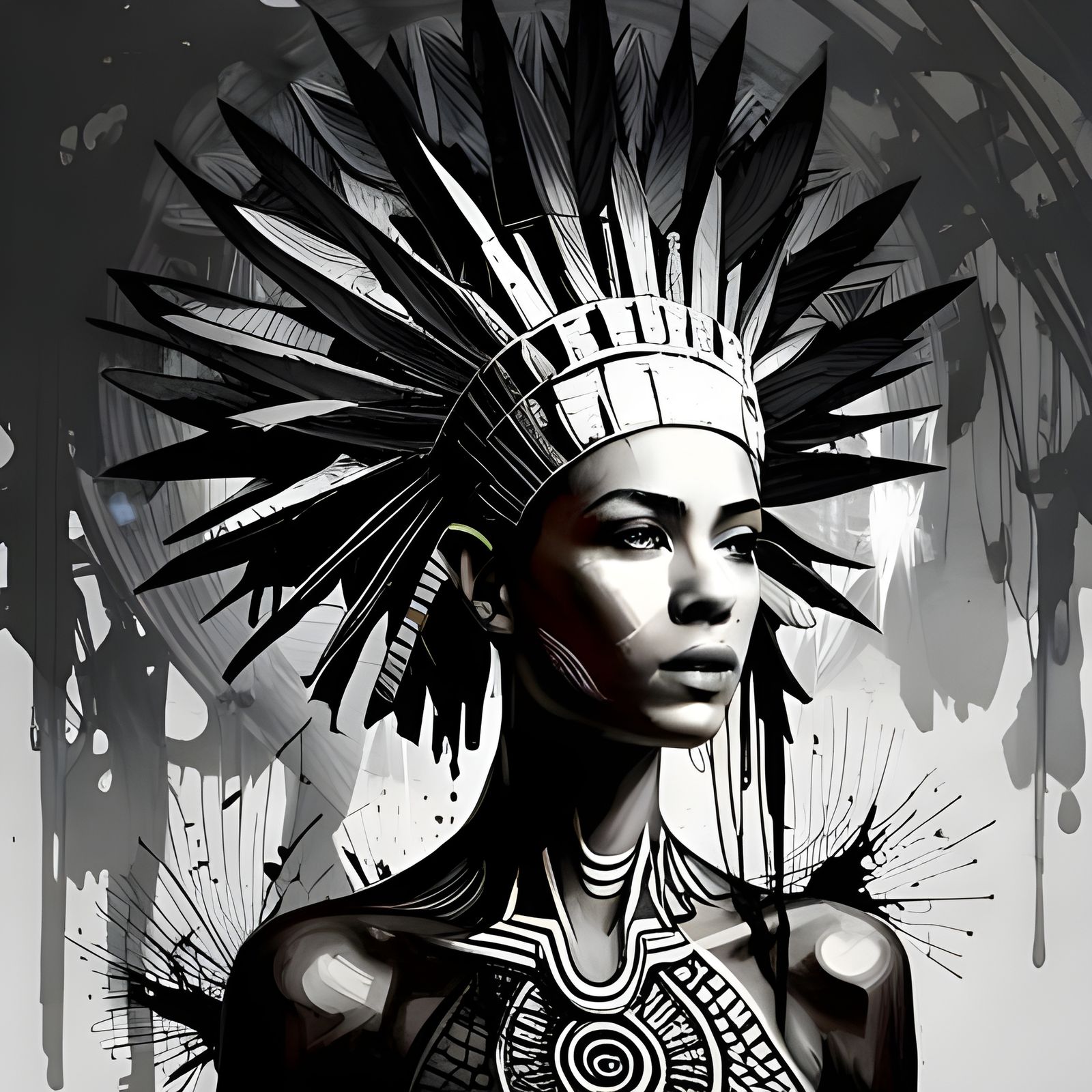 Detailed Inkblot Art of Nefertiti: Egyptian Goddess