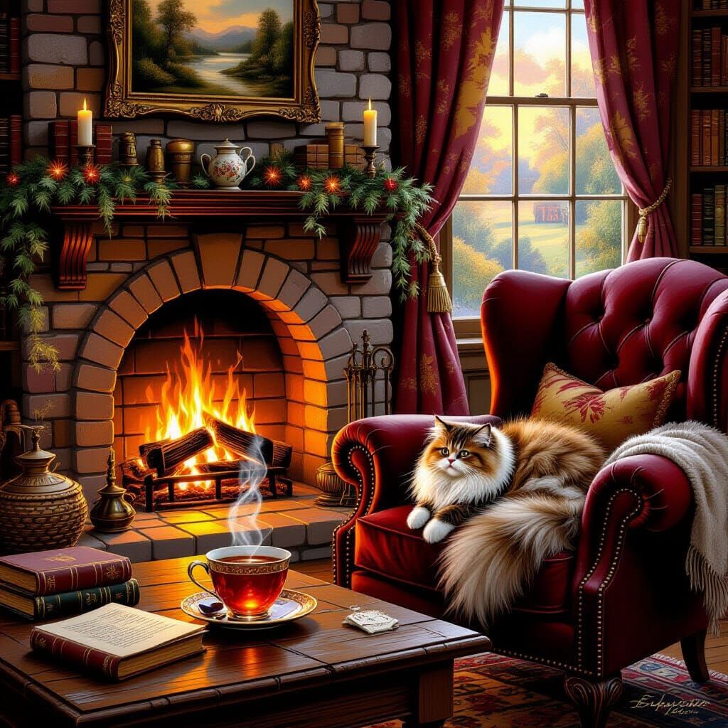 Cozy Cottage Interior with Persian Cat