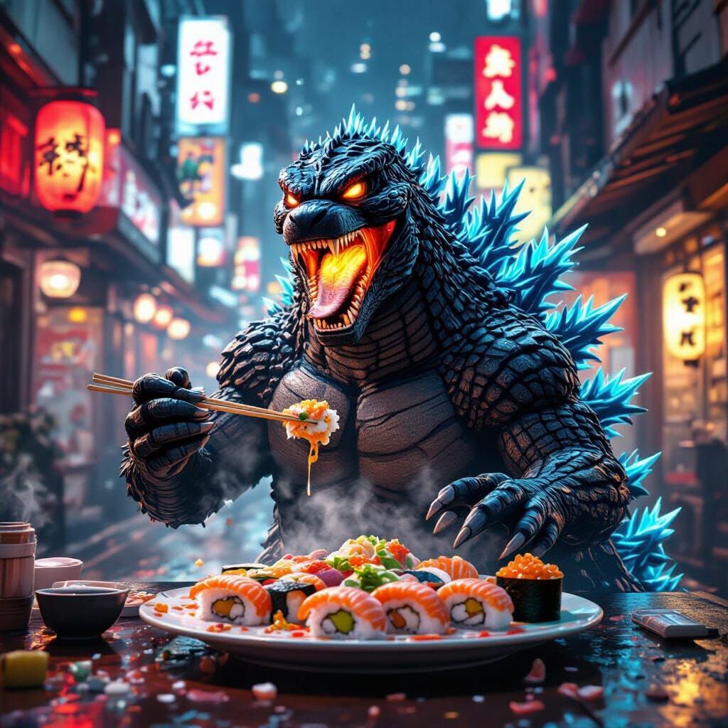 Godzilla Enjoys Sushi in Neon Tokyo Alley