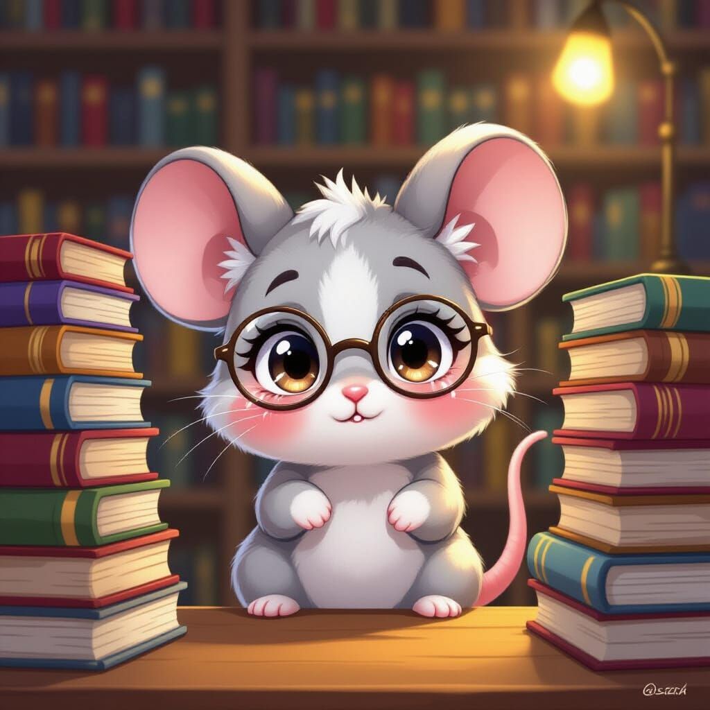 Chibi Mouse Scholar in Kawaii Anime Style