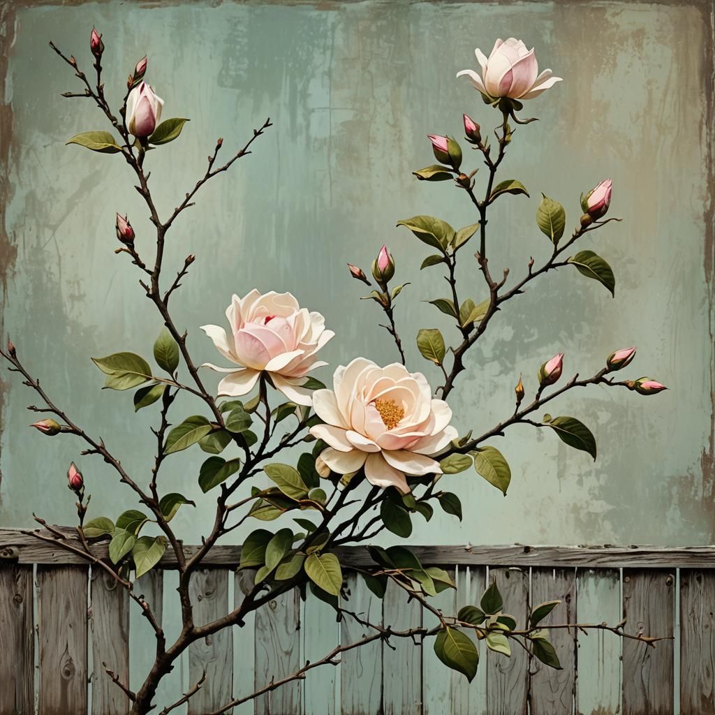 Peace Rose Leaps Fence in Abstract Floral Design