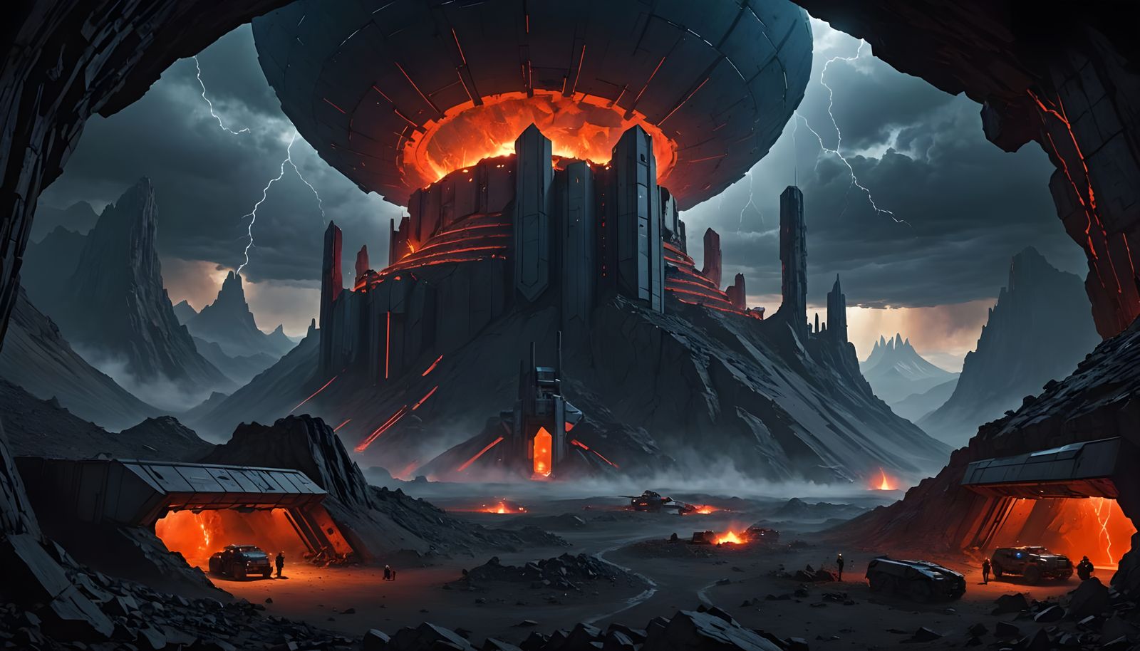 A dramatic hideout nestled inside a jagged mountain range, w...