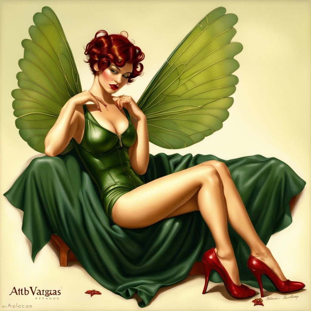 Reclining Green Fairy Pin-Up, Vargas Style