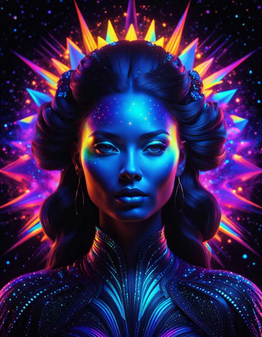 Ecstatic Woman Gazing at Bioluminescent Flower