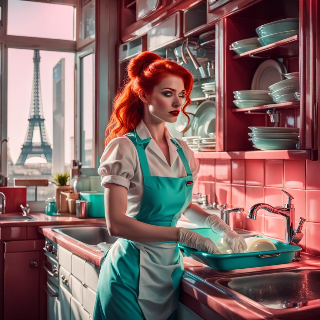 Redhead Waitress in Paris: Synthwave Neon Retro
