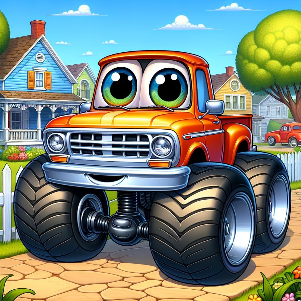 Cartoon Pickup Truck with Exaggerated Wheels
