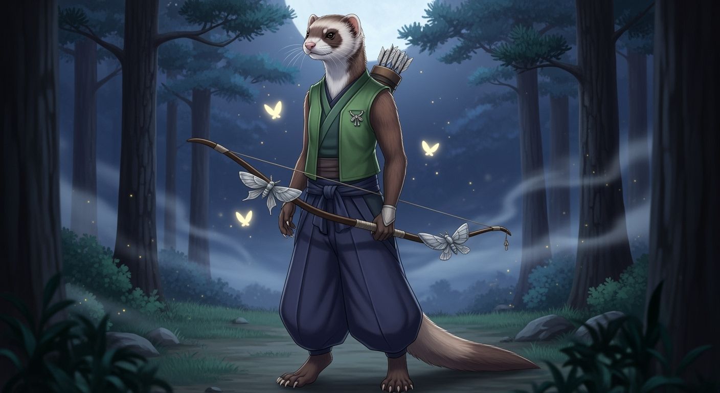 Anthropomorphic Ferret Ranger in Anime Style Forest