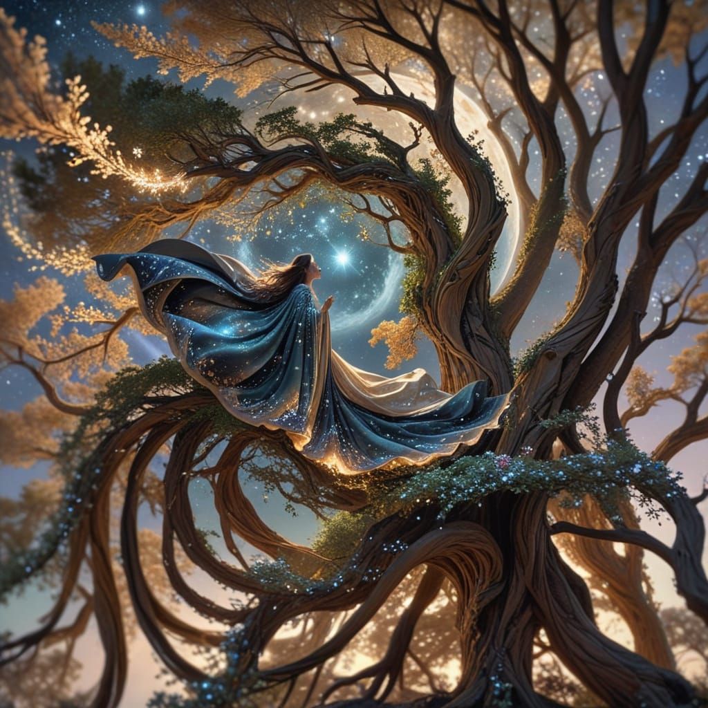 Mystical Woman Amidst Celestial Landscape