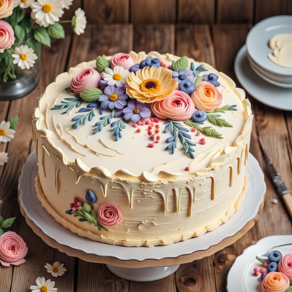 Watercolor Floral Cake on Wooden Background